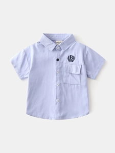 Light blue boys short sleeve shirt with letter embroidery and pocket detail
