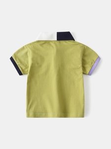 Vue arrière du polo garçon vert mousse avec col contrasté et manches de couleurs variées