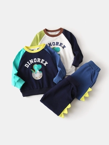 Ensemble de Survêtement Garçon Imprimé Dinosaure Sweatshirt à Manches Raglan et Pantalon de Jogging en Mélange de Coton