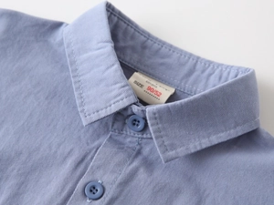 Detail of light blue cotton twill shirt showing sharp collar and resin buttons