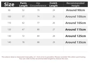 Detailed size chart for boys' trousers showing length and waist measurements
