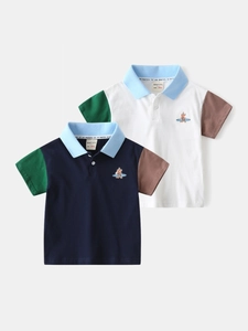 Polo Décontracté pour Garçons en Mélange de Coton Color Block Manches Épicées Graphique Chien de Dessin Animé Col à Revers