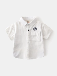 Classic white short-sleeved cotton shirt for boys with embroidered badge detail