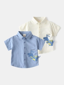Chemise en Coton à Manches Courtes pour Garçons Imprimé Dinosaure de Dessin Animé Boutonné Hauts d'été Décontractés pour Enfants