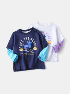 T-Shirt en Coton à Manches Longues pour Garçons Faux Deux Pièces Haut Décontracté Imprimé Chien de Dessin Animé Printemps