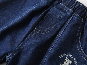 Détail du short en jean bleu foncé avec taille élastique et broderie pour garçon