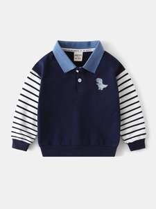 Navy blue boys' polo sweatshirt with striped sleeves and cute dinosaur embroidery