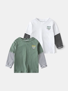 Maglietta a Maniche Lunghe in Due Pezzi Finti per Ragazzi in Cotone con Stampa a Cartoni Animati Girocollo Casual Morbida Primavera Autunno