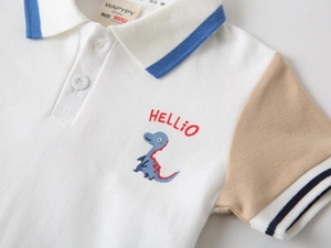 Detail of boys' polo shirt featuring cartoon dinosaur embroidery and color-block sleeves