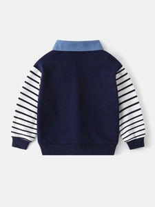Boys long sleeve dinosaur hoodie with striped sleeves and polo collar for spring