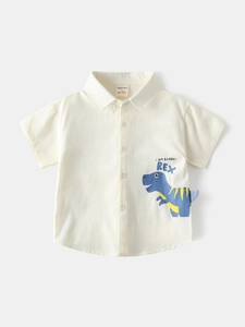 Chemise beige en coton pour garçons avec imprimé de dinosaure bleu et manches courtes