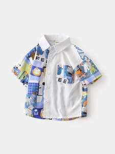 Chemise à Manches Courtes en Coton pour Garçons Patchwork Asymétrique Imprimé Cartoon Col Rabattu Hauts d'Été pour Enfants