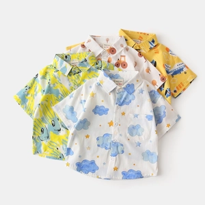 Flat lay of boys short-sleeved shirts with cartoon bus, plane and cloud prints