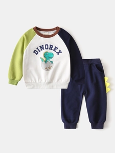 Survêtement enfant motif dinosaure avec manches raglan vertes et pantalon bleu