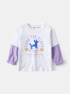 T-shirt manches longues enfant effet deux-pièces blanc et violet avec motif chien