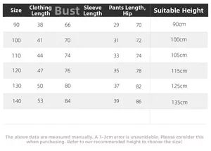 Detailed size chart for boys summer cartoon t-shirt and shorts set covering sizes 90 to 140