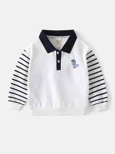 Boys white and navy long sleeve polo sweatshirt with dinosaur embroidery and striped sleeves