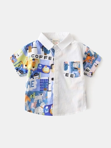 Chemise à manches courtes pour garçons avec motif patchwork imprimé dessin animé