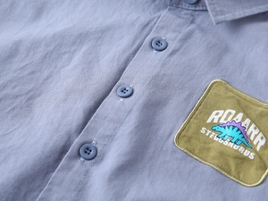 Macro detail of toddler cotton shirt with dinosaur embroidery and buttons