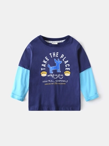 T-shirt manches longues garçon effet deux pièces bleu marine avec imprimé chien géométrique