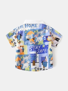 Chemise garçon à manches courtes avec col blanc et motifs dessins animés Stay Home