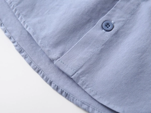 Detail of light blue cotton shirt showing fine stitching and polished button texture