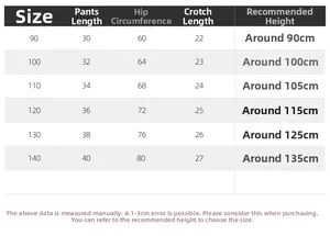 Size chart for boys' shorts showing length, hip, and height for sizes 90-140cm
