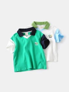 Boys short sleeve polo shirt with colorblock design and truck print in soft cotton