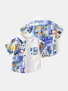 Chemise enfants à manches courtes en coton avec imprimés cartoon et col boutonné