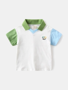 Boys patchwork cotton polo shirt with truck print and green blue sleeves