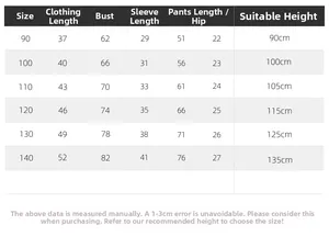 Size chart for boys' sweatshirt set detailing length, chest, and height specifications