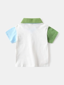 Boys short sleeve polo shirt with color block sleeves and a contrast collar design