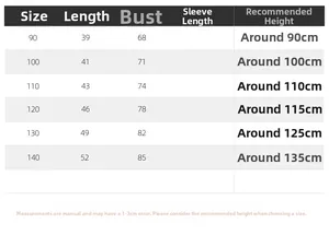 Size guide for boys short sleeve v-neck shirts showing length and bust in cm for 90-140cm