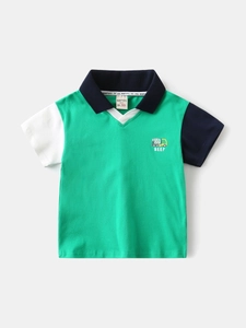 Boys' green colorblock short sleeve polo shirt with cartoon truck embroidery and cotton fabric
