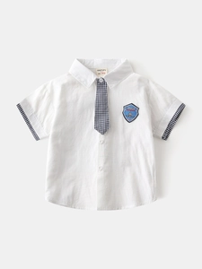Boys Korean Style White Short Sleeve Cotton Shirt With Removable Gingham Tie Space Rocket Embroidery Casual School Top