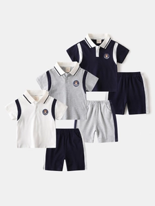 Boys Casual Cotton Polo Shirt And Shorts Set Kids Summer Short Sleeve Contrast Color Bear Embroidery Outfits Clothing Set