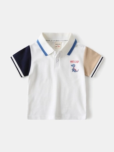 Cotton Kids Boy Polo Shirt Short Sleeve Patchwork Top Casual Printed Cartoon Dinosaur Lapel T-Shirt Breathable Summer Clothing