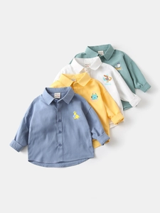 Kids long sleeve cotton shirts in blue yellow white green with cartoon embroidery