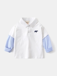 Kids long sleeve polo shirt with faux two-piece design and cute bear embroidery