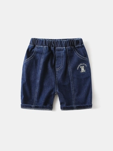 Shorts en Jean d'Été pour Garçons Bleu Foncé Mélange de Coton Doux Shorts Chien de Dessin Animé Brodé Taille Élastique Pantalons Enfants