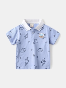 Kids light blue short sleeve polo shirt with all-over dinosaur prints and dino embroidery