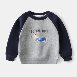 Detail of kids sweatshirt featuring contrast sleeves and cartoon dog print with text