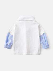 Kids long sleeve polo shirt with white cotton body and blue striped patchwork sleeves