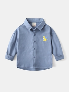 Classic light blue cotton toddler long-sleeve shirt with a yellow cartoon duck embroidery