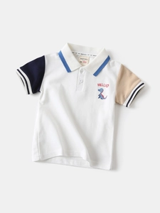 Boys' cotton polo shirt with contrast sleeves and dinosaur embroidery on a grey background