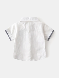 Classic white short-sleeved shirt for boys with blue gingham cuffs and breathable cotton fabric