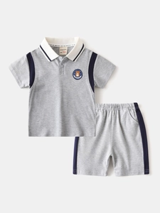 Boys' summer grey cotton polo shirt and shorts set with navy contrast and bear patch