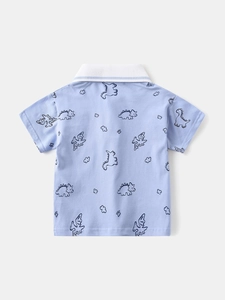 Kids short sleeve polo shirt with blue cartoon dinosaur all-over print on light blue cotton