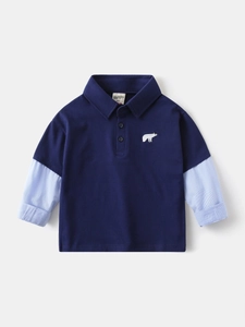 Kids long-sleeved polo shirt with blue faux-layered sleeves and polar bear embroidery