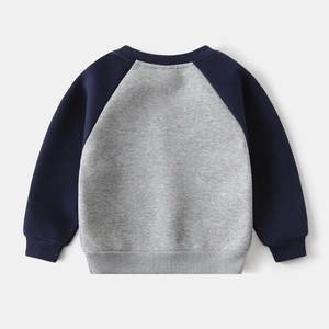 Flat lay of gray and navy raglan sleeve sweatshirt with ribbed crew neck for children